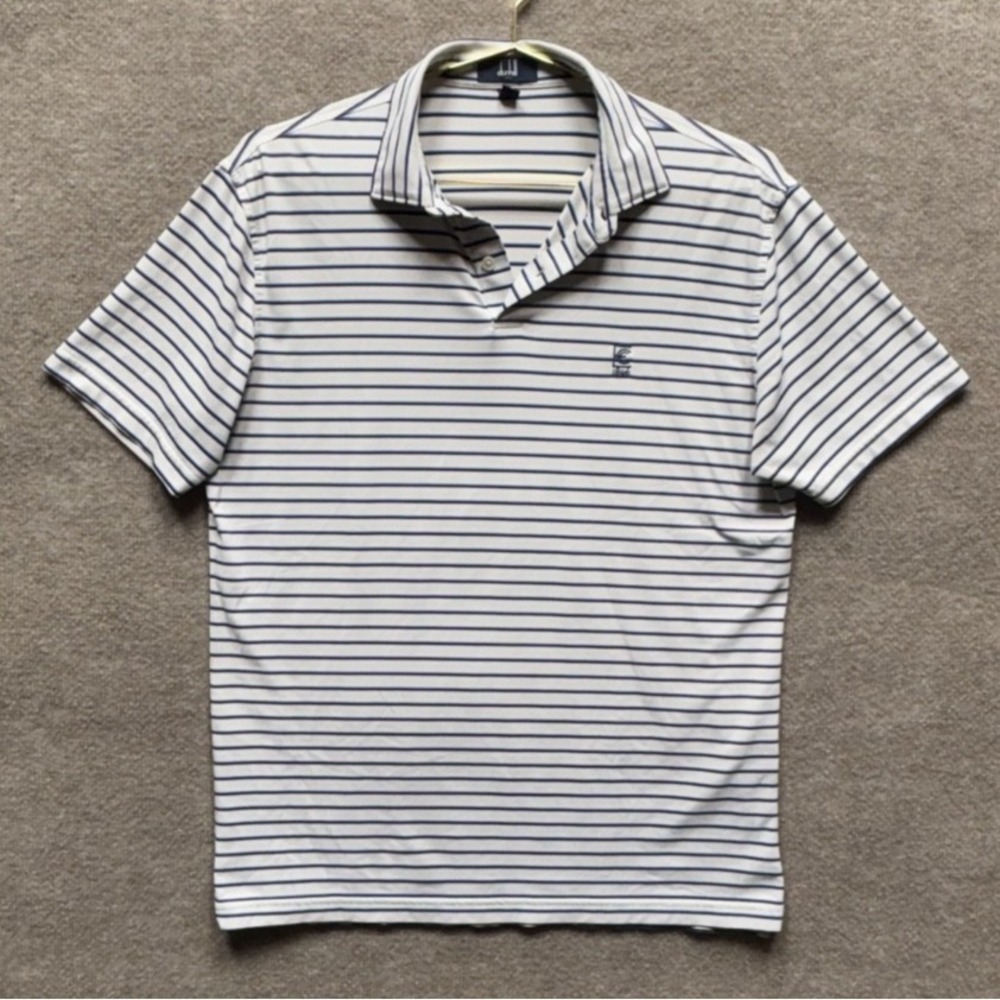 Dunhill Links Polo Shirt‎ Men Medium White Blue Stripe Golf Athleisure EUC